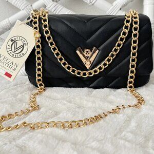 Valentino Orlandi Quilted Vegan Leather Shoulder Bag Gold Chain Black NWT $279